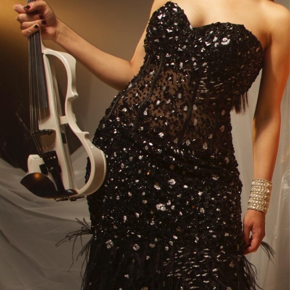Jasz Couture Black and Silver Beaded Rhinestone Feather Boned Corset Gown XXS/00